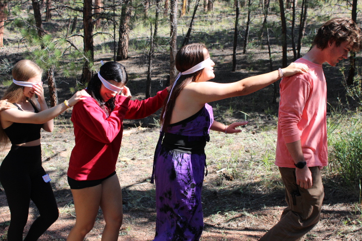 A group of participants moves through a wooded area in a line, placing hands on the shoulders of the person in front during a team-building activity.